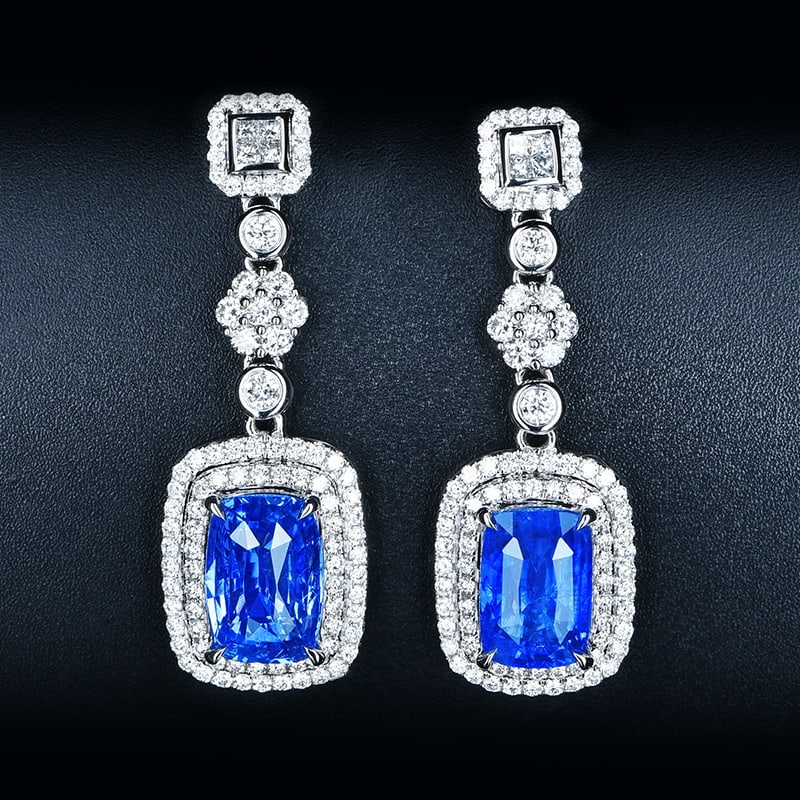 14k Gold 5.39 Ct Natural Sapphire & Diamond Earrings: Ref:230993097 // gold content:14k gold // main gemstone:sapphire // shape:cushion // carat weight:5. 39ct // color:blue // treatment:natural // // adjacent gemstone 2 : diamond // shape:multiply // cl