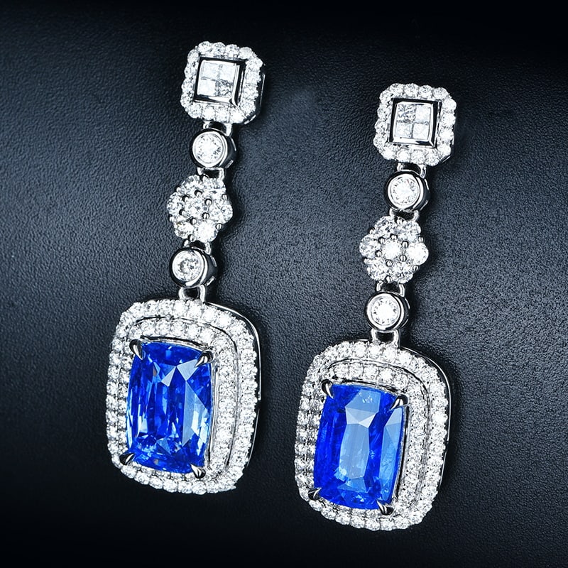 14k Gold 5.39 Ct Natural Sapphire & Diamond Earrings - 2