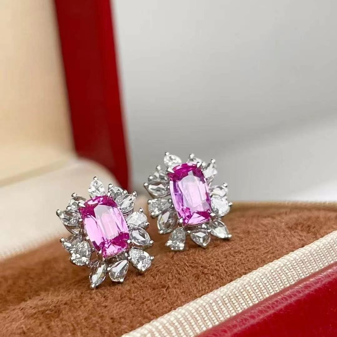 14k Gold 1.68 Ct Natural Padparadscha Sapphire & Diamond Earrings - 2