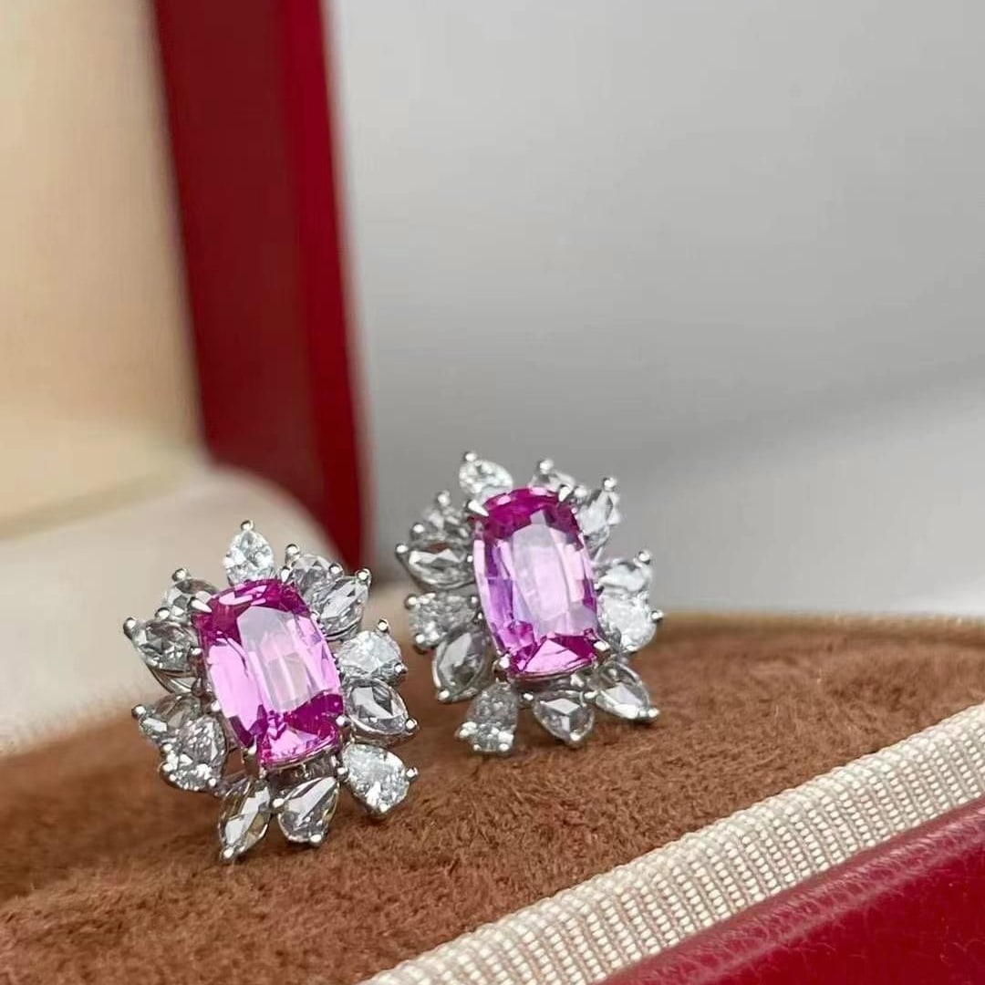 14k Gold 1.68 Ct Natural Padparadscha Sapphire & Diamond Earrings - 3