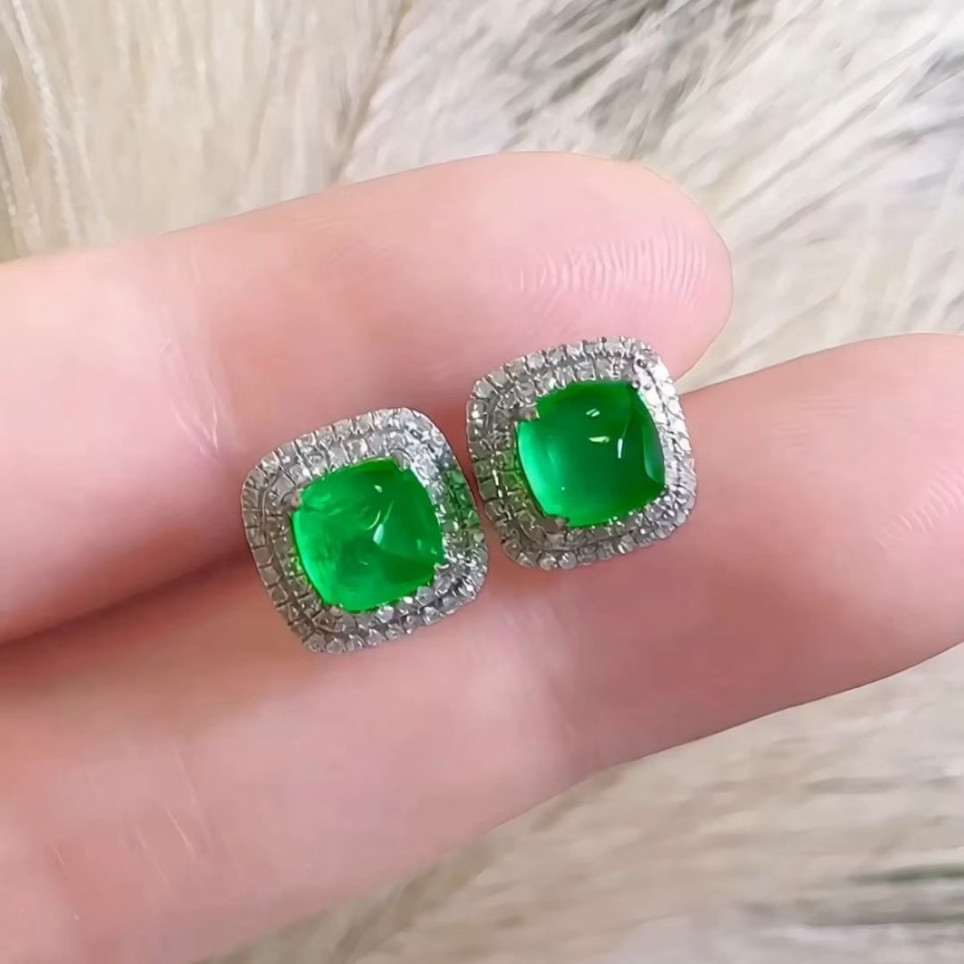 14k Gold 1.8 Ct Vivid Green Natural Emerald & Diamond Earrings - 4