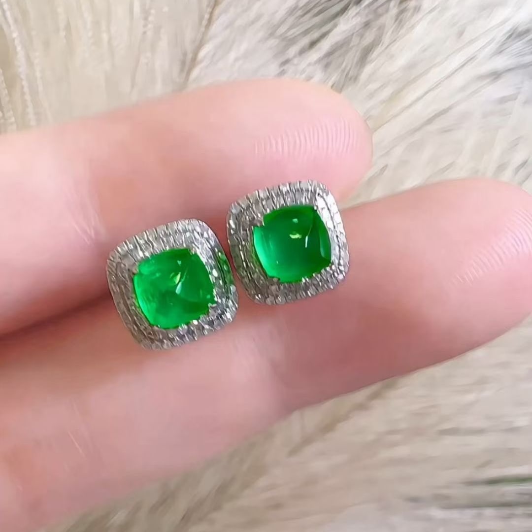14k Gold 1.8 Ct Vivid Green Natural Emerald & Diamond Earrings - 5