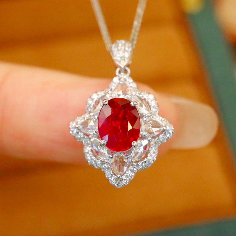 14k Gold 1.35 Ctw Natural Ruby & Diamond Pendant( Without Chain ): Ref:230993117 // gold content:14k gold // main gemstone:ruby // shape:oval // carat weight:1. 02ct // color:pigeonblood red // treatment:natural // // adjacent gemstone 2 : diamond // number of stones