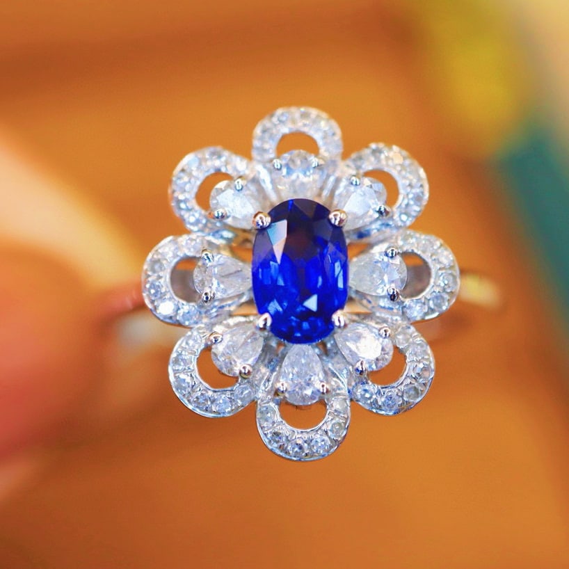 14k Gold 0.94 Ctw Natural Sapphire & Diamond Ring: Ref:230993126 // gold content:14k gold // ring size:7. 25us // // main gemstone:sapphire // shape:oval // carat weight:0. 53ct // color:royal blue // treatment:natural // // adjacent gemstone 2 : diam