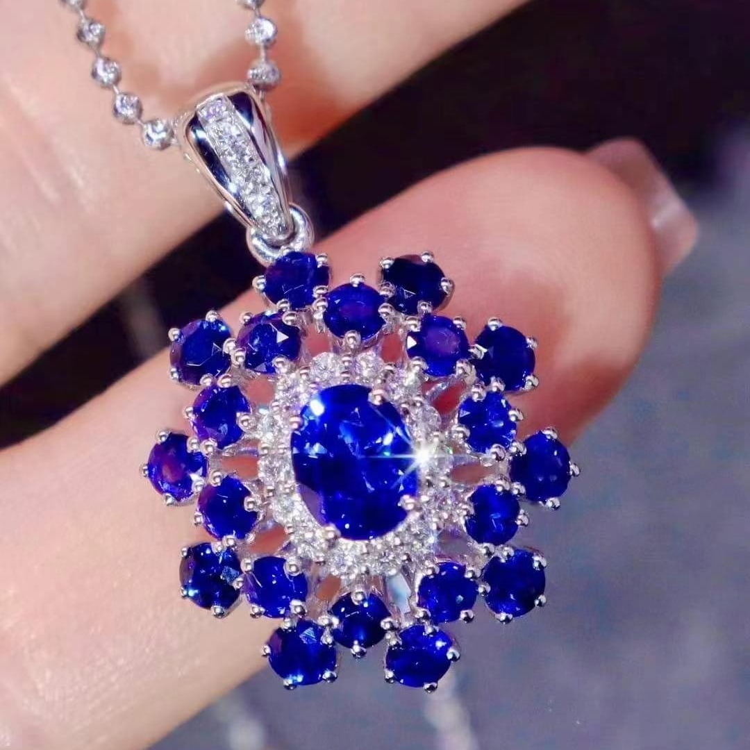 14k Gold 4.73 Ctw Natural Sapphire & Diamond Pendant( Without Chain ): Ref:230993138 // gold content:14k gold // main gemstone:sapphire // shape:multiply // carat weight:4. 12ct // color:royal blue // treatment:natural // // adjacent gemstone 2 : diamond // shape:round /