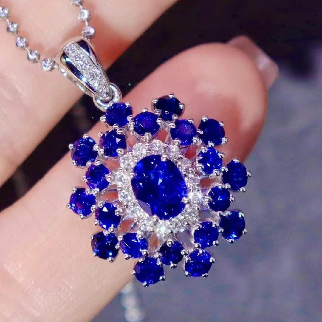 14k Gold 4.73 Ctw Natural Sapphire & Diamond Pendant( Without Chain ) - 2