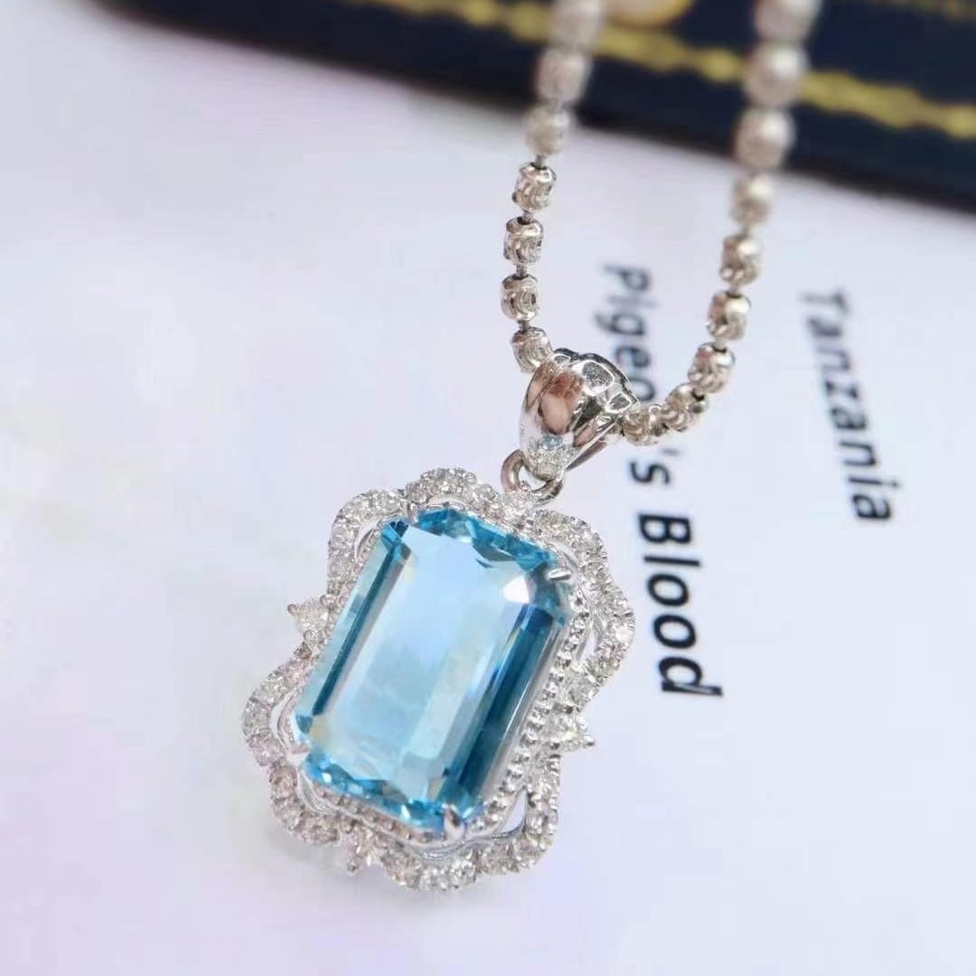 14k Gold 3.7 Ctw Natural Aquamarine & Diamond Pendant( Without Chain ) - 2