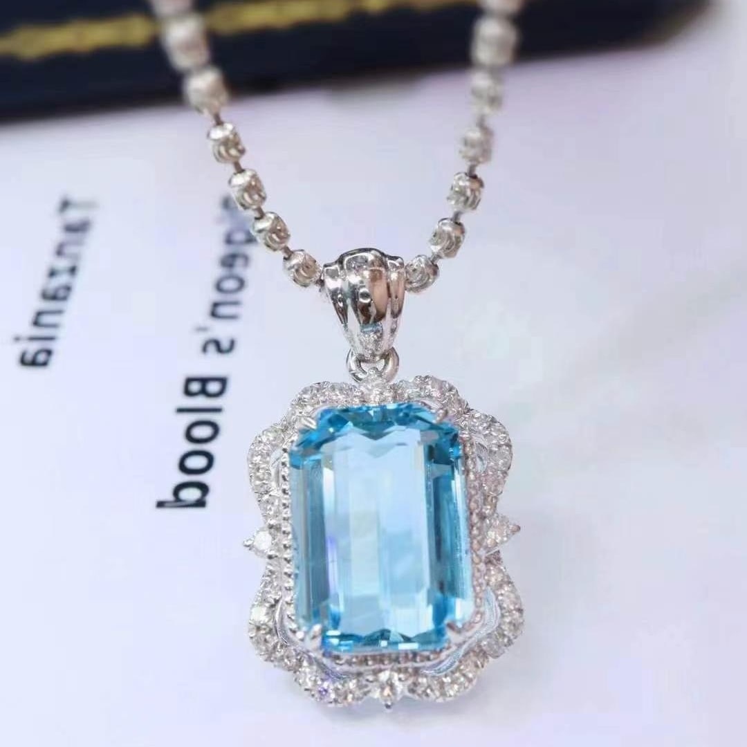 14k Gold 3.7 Ctw Natural Aquamarine & Diamond Pendant( Without Chain ) - 3
