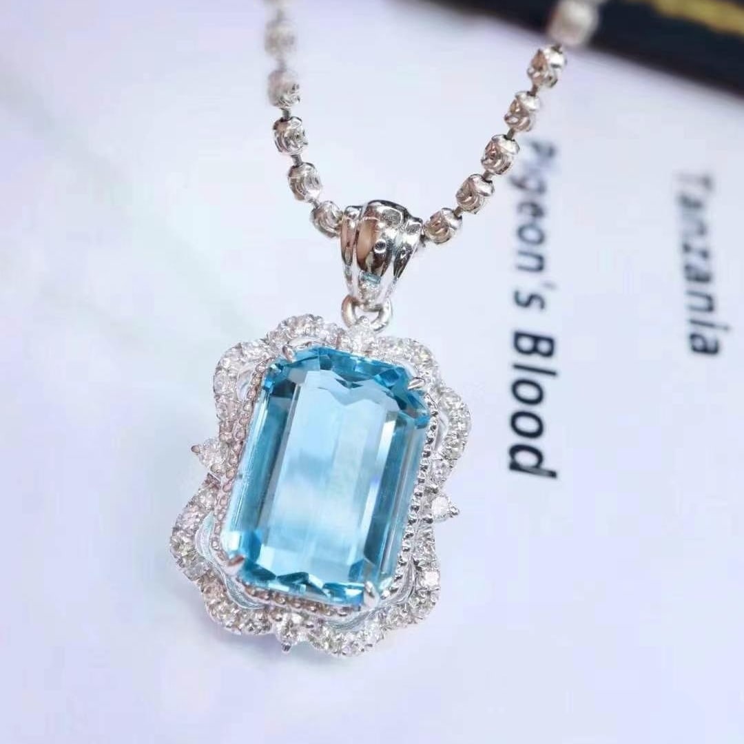 14k Gold 3.7 Ctw Natural Aquamarine & Diamond Pendant( Without Chain ) - 5