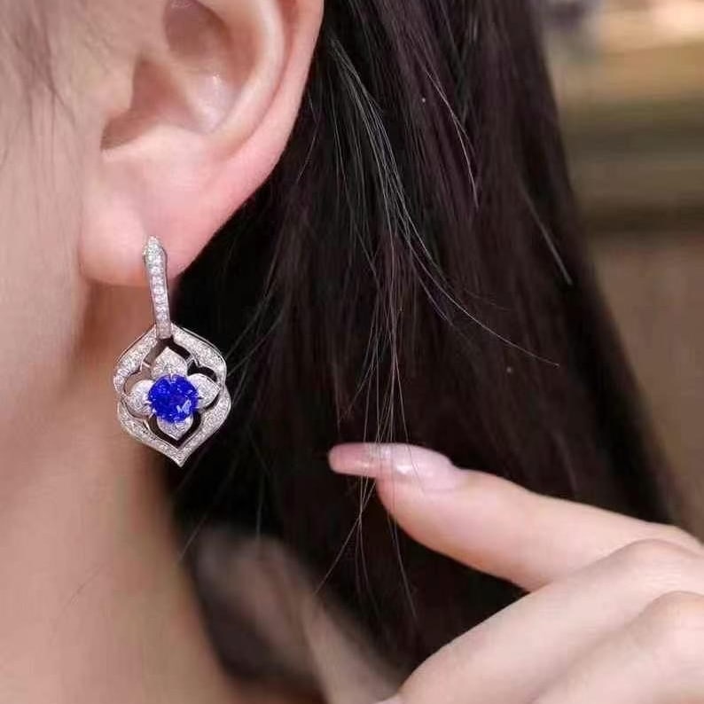 14k Gold 3.23 Ctw Natural Sapphire & Diamond Earrings - 2