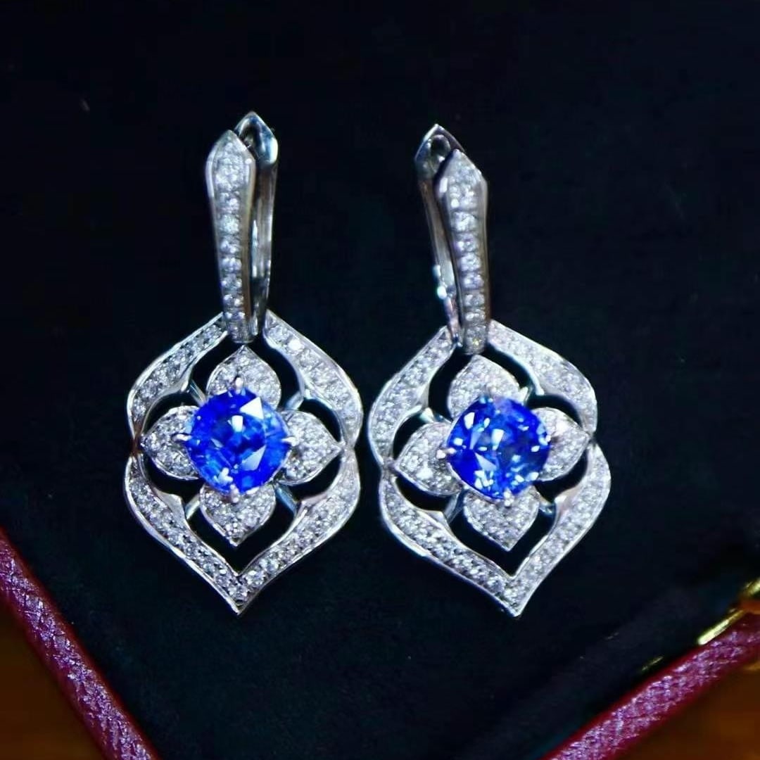 14k Gold 3.23 Ctw Natural Sapphire & Diamond Earrings - 4