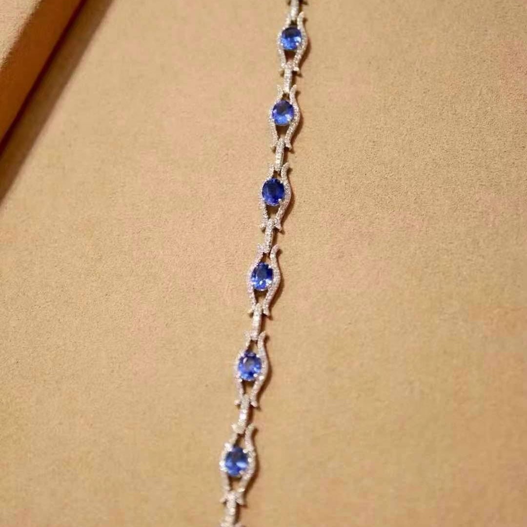 14k Gold 5.31 Ctw Natural Sapphire & Diamond Bracelet - 6