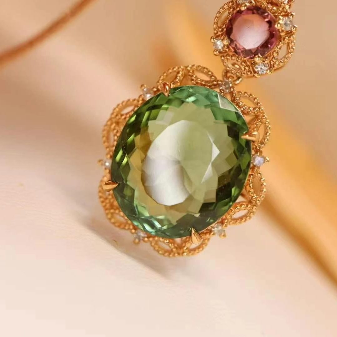 14k Gold 9.15 Ct Natural Tourmaline & Tourmaline & Diamond Pendant( Without Chain ) - 2