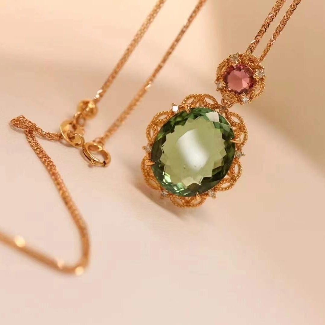 14k Gold 9.15 Ct Natural Tourmaline & Tourmaline & Diamond Pendant( Without Chain ) - 4
