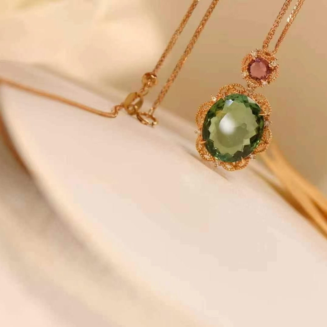 14k Gold 9.15 Ct Natural Tourmaline & Tourmaline & Diamond Pendant( Without Chain ) - 5