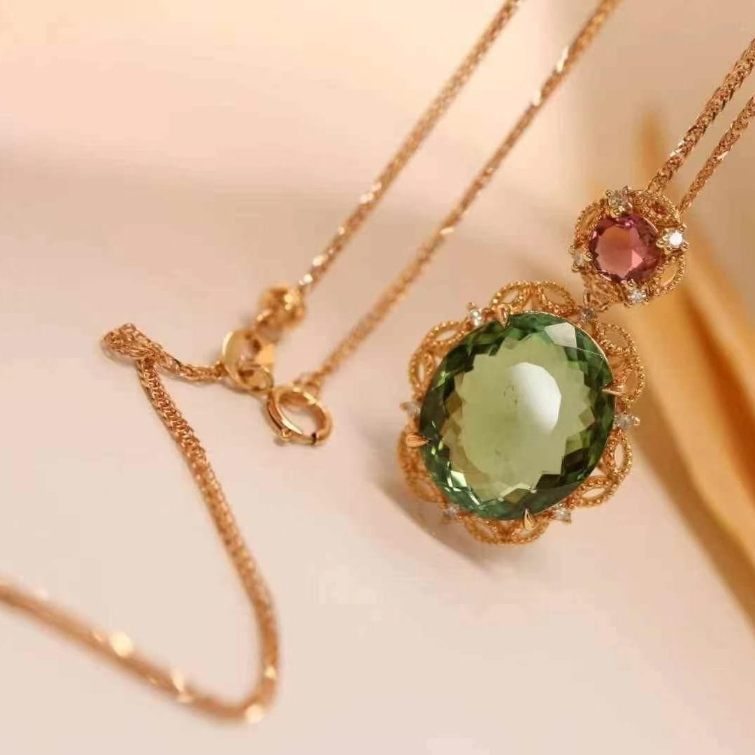 14k Gold 9.15 Ct Natural Tourmaline & Tourmaline & Diamond Pendant( Without Chain ) - 7