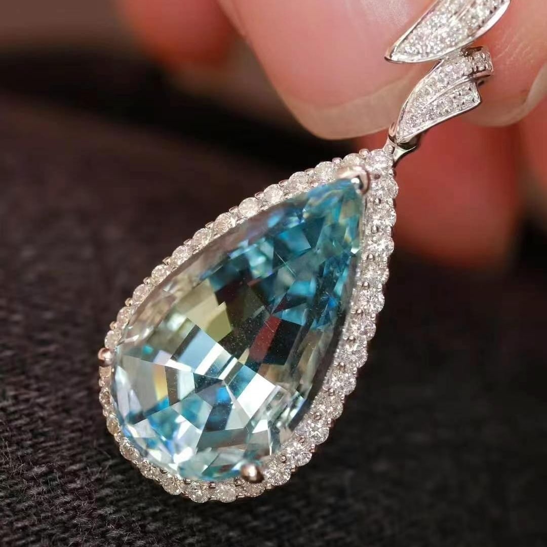 14k Gold 8.02 Ctw Natural Aquamarine & Diamond Pendant( Without Chain ) - 2