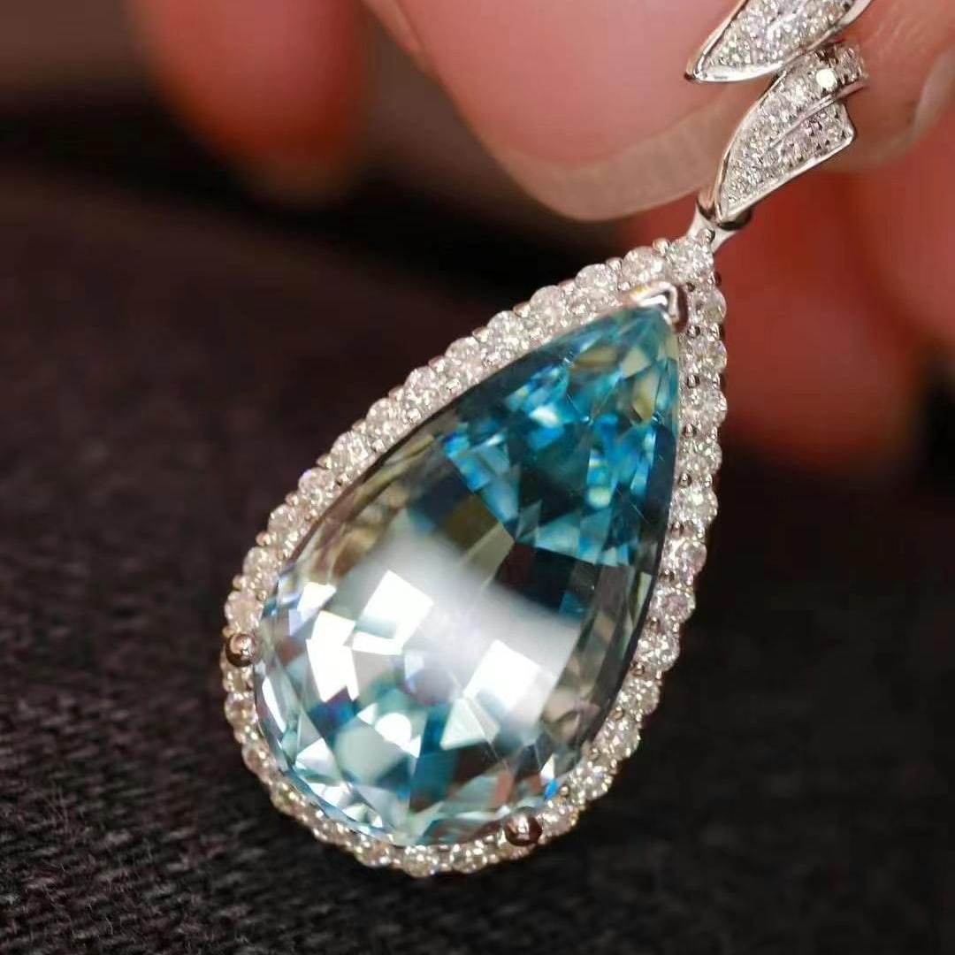 14k Gold 8.02 Ctw Natural Aquamarine & Diamond Pendant( Without Chain ) - 3