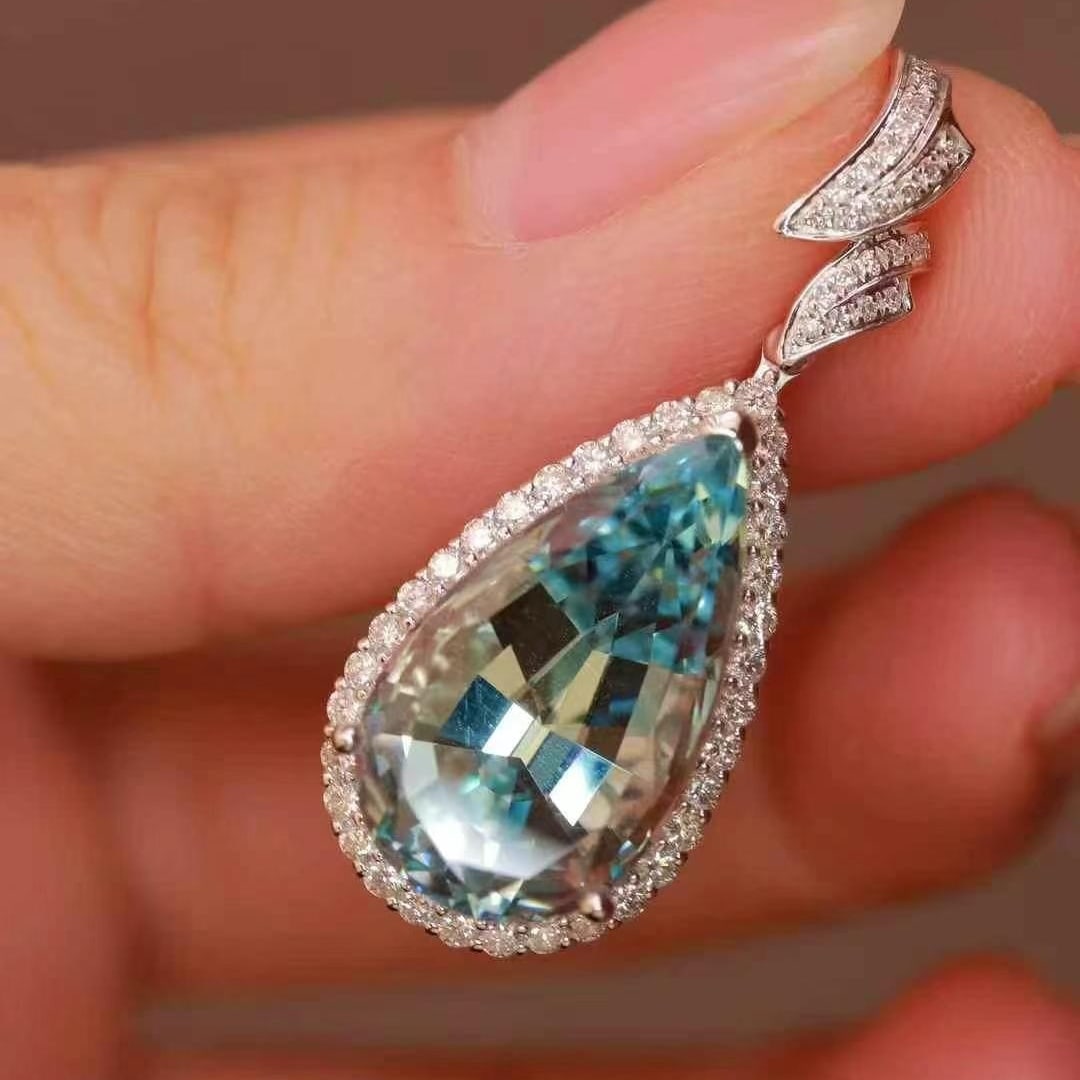 14k Gold 8.02 Ctw Natural Aquamarine & Diamond Pendant( Without Chain ) - 4