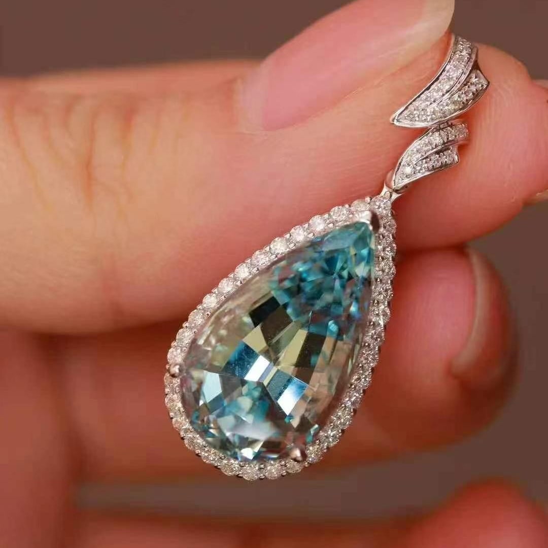 14k Gold 8.02 Ctw Natural Aquamarine & Diamond Pendant( Without Chain ) - 5