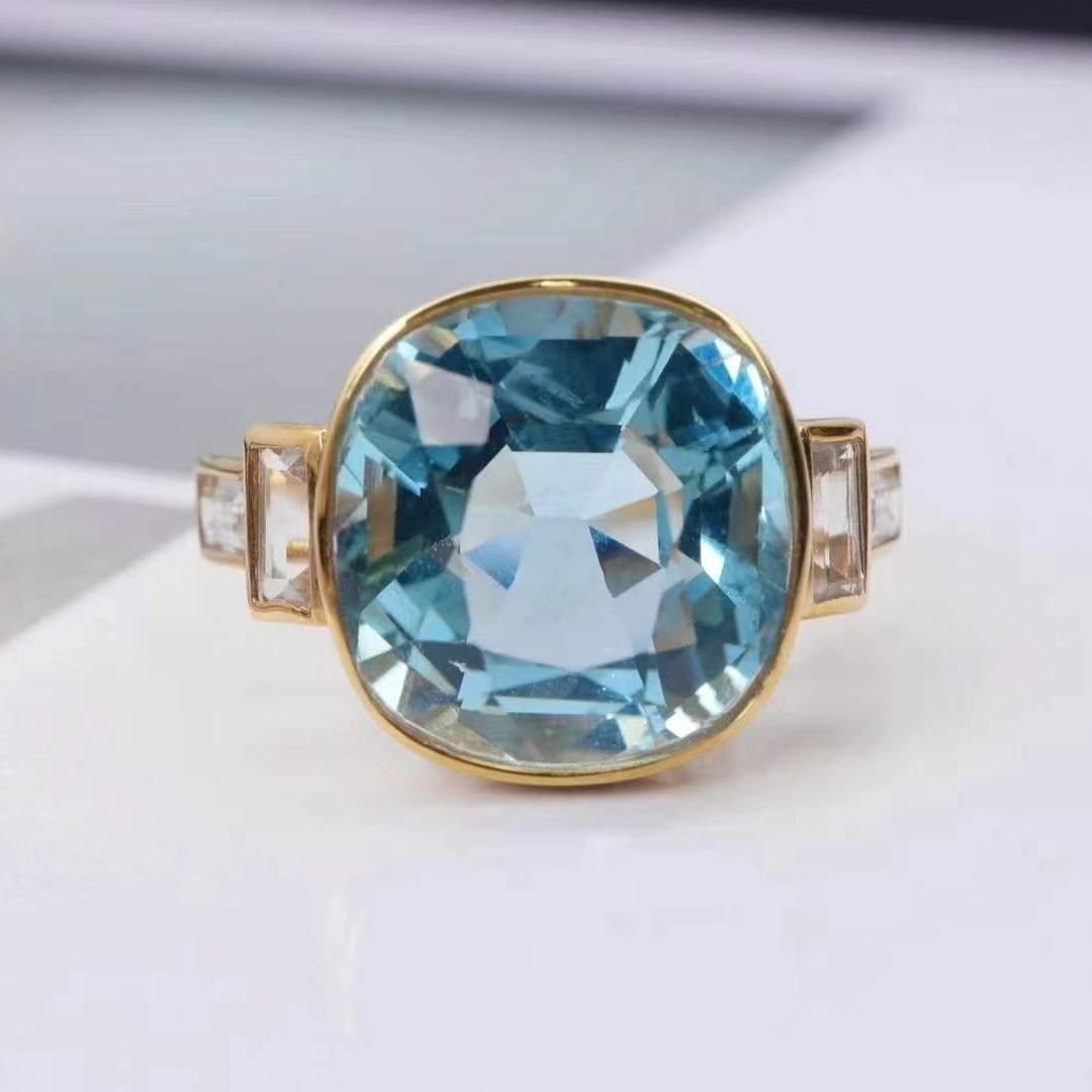 14k Gold 5.1 Ct Natural Aquamarine & Sapphire Ring: Ref:230993158 // gold content:14k gold // ring size:7. 25us // // main gemstone:aquamarine // shape:cushion // carat weight:5. 1ct // color:blue // treatment:natural // // adjacent gemstone 2 :