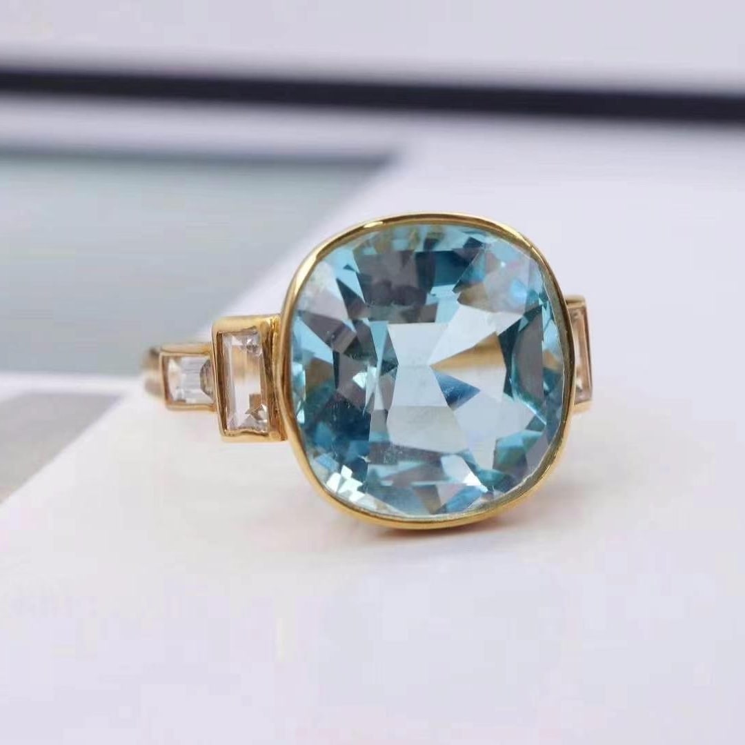 14k Gold 5.1 Ct Natural Aquamarine & Sapphire Ring - 2