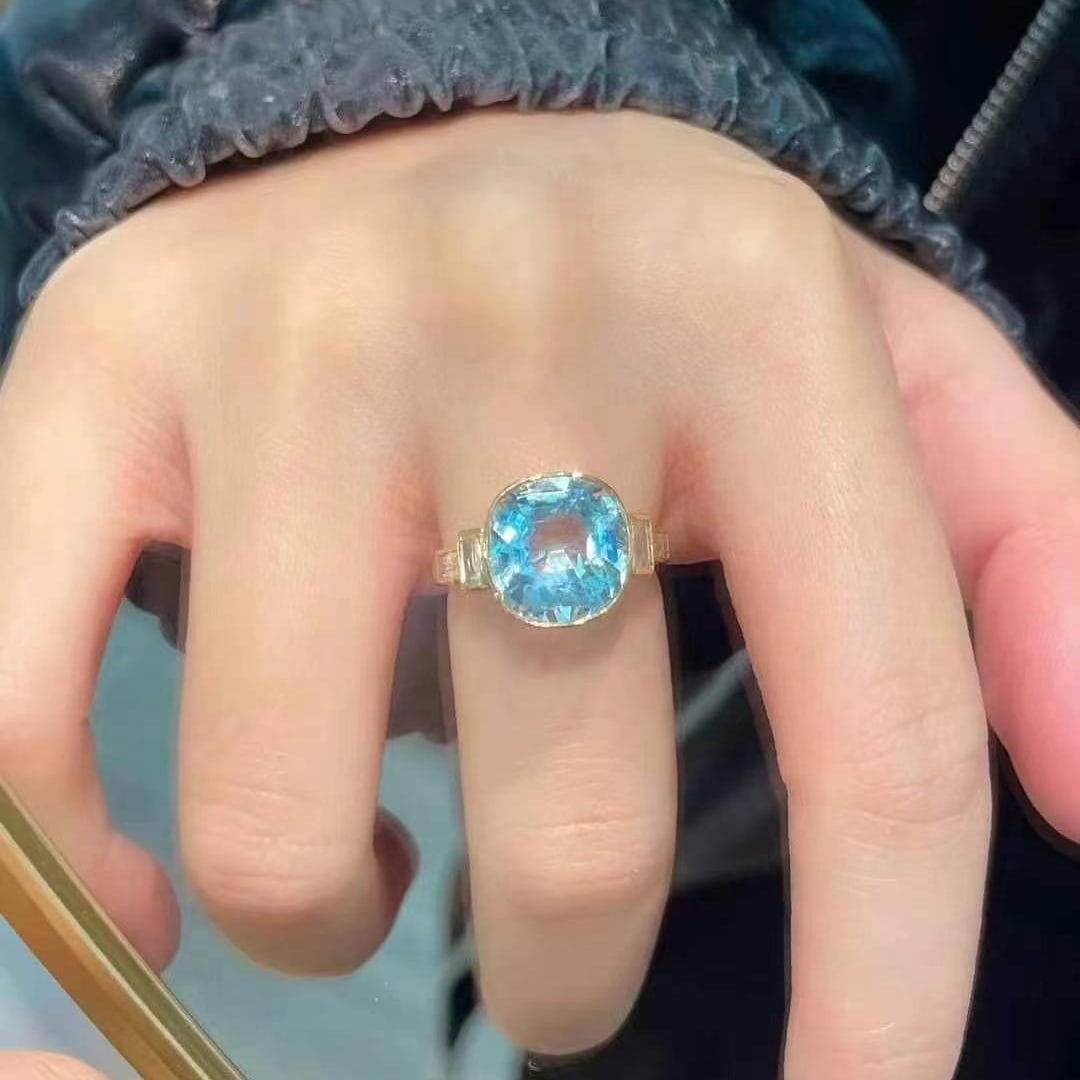 14k Gold 5.1 Ct Natural Aquamarine & Sapphire Ring - 5