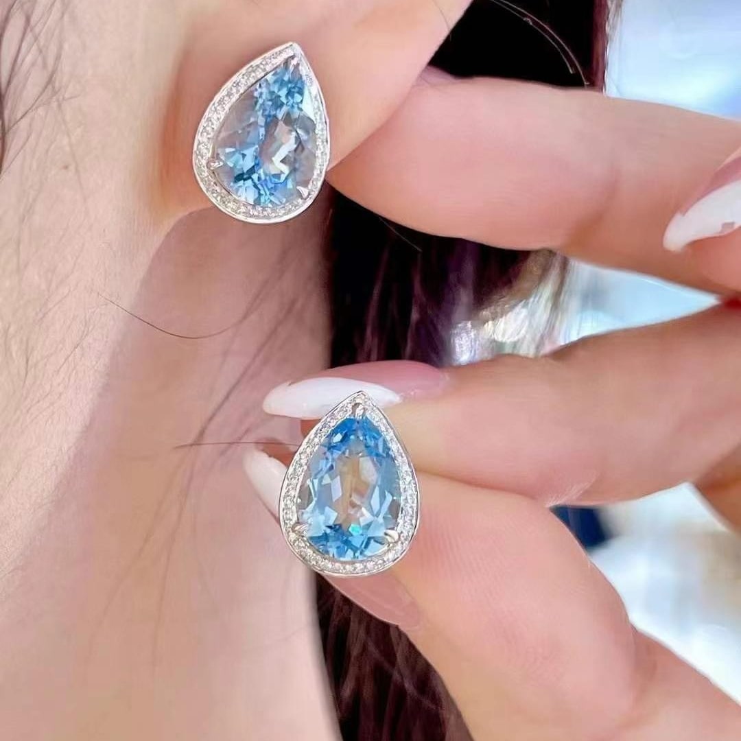 14k Gold 3.8 Ctw Natural Aquamarine & Diamond Earrings - 2