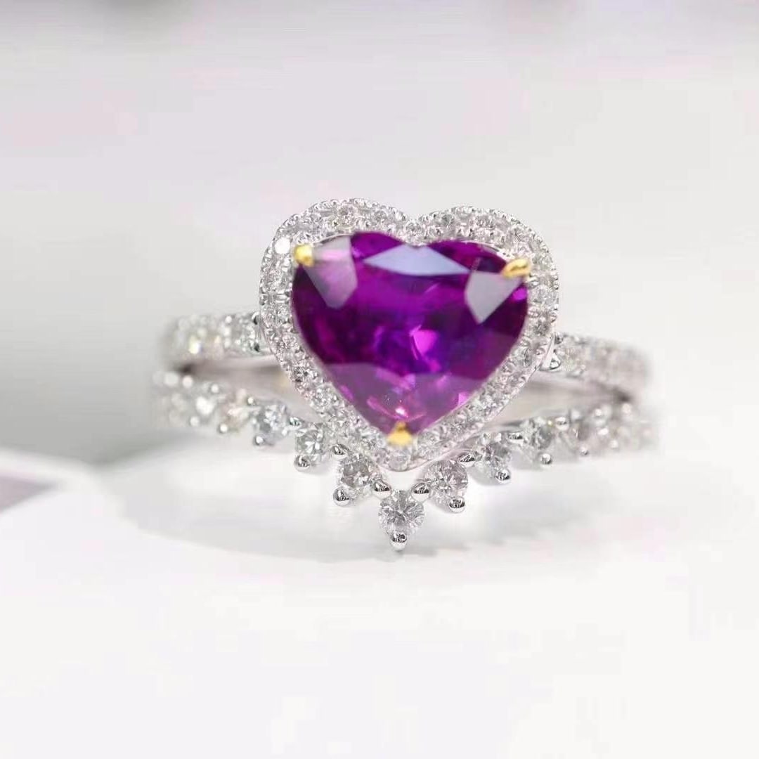 14k Gold 2.44 Ctw Natural Sapphire & Diamond Ring: Ref:230993161 // gold content:14k gold // ring size:7. 25us // // main gemstone:sapphire // shape:heart // carat weight:1. 8ct // color:purple // treatment:natural // // adjacent gemstone 2 : diamond 