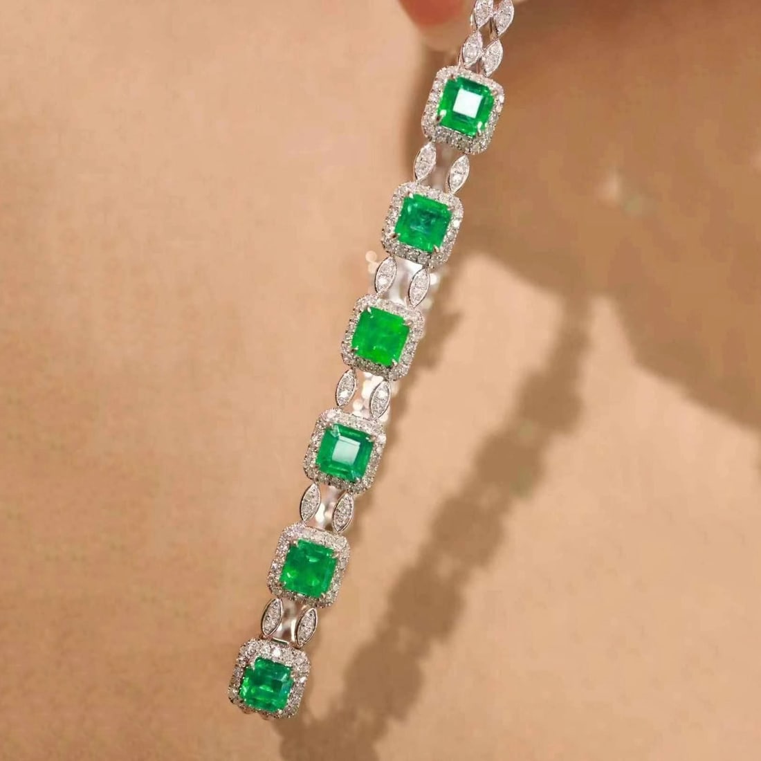 14k Gold 3.65 Ctw Vivid Green Natural Emerald & Diamond Bracelet - 6