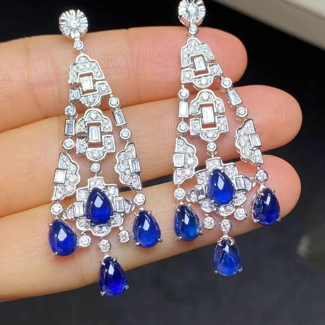 14k Gold 10.39 Ctw Natural Sapphire & Diamond Earrings - 2