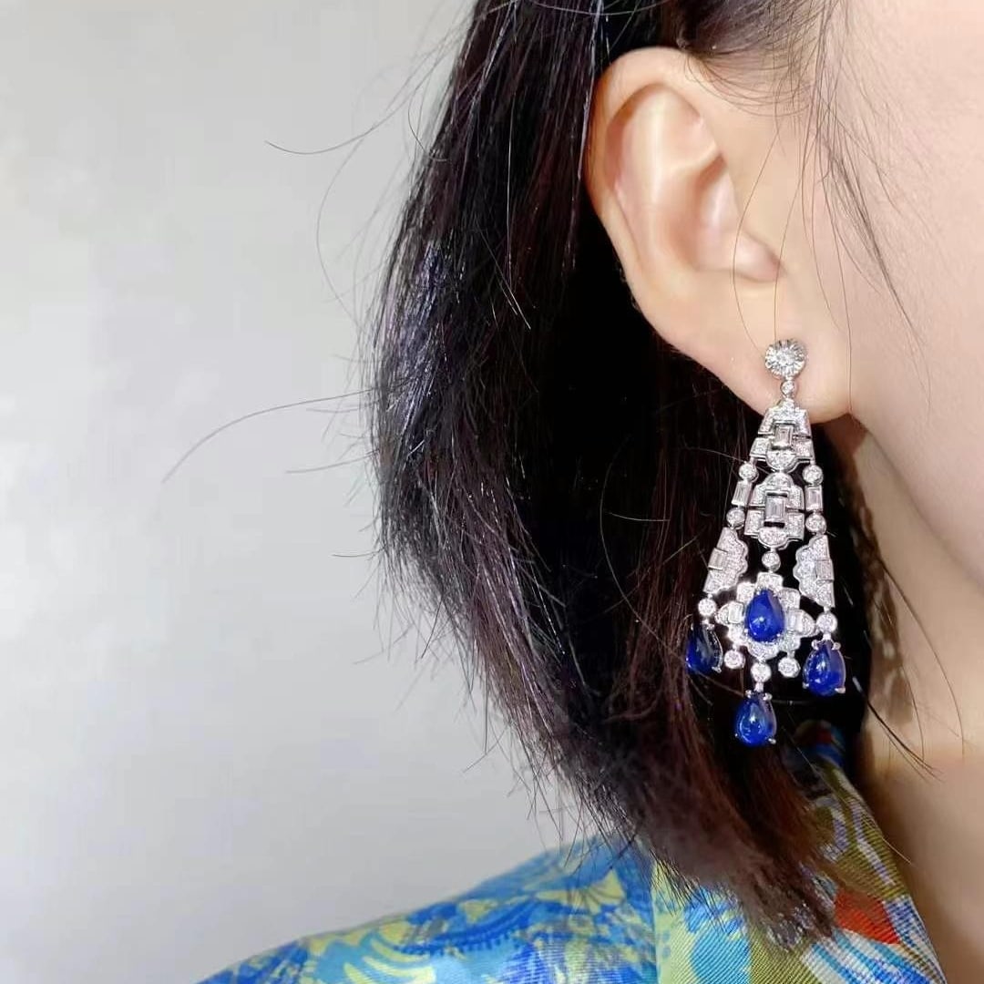 14k Gold 10.39 Ctw Natural Sapphire & Diamond Earrings - 4