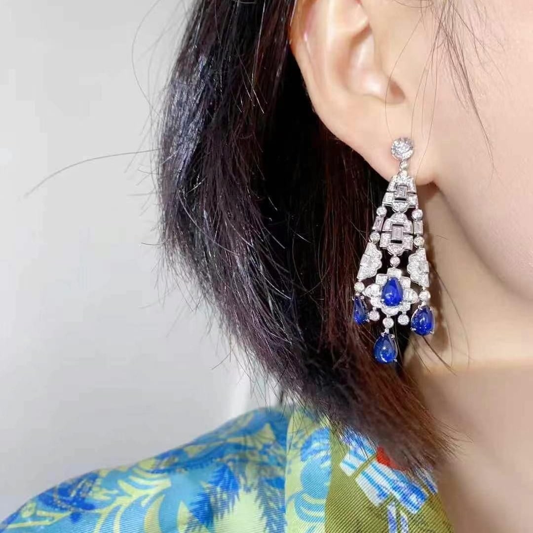 14k Gold 10.39 Ctw Natural Sapphire & Diamond Earrings - 5