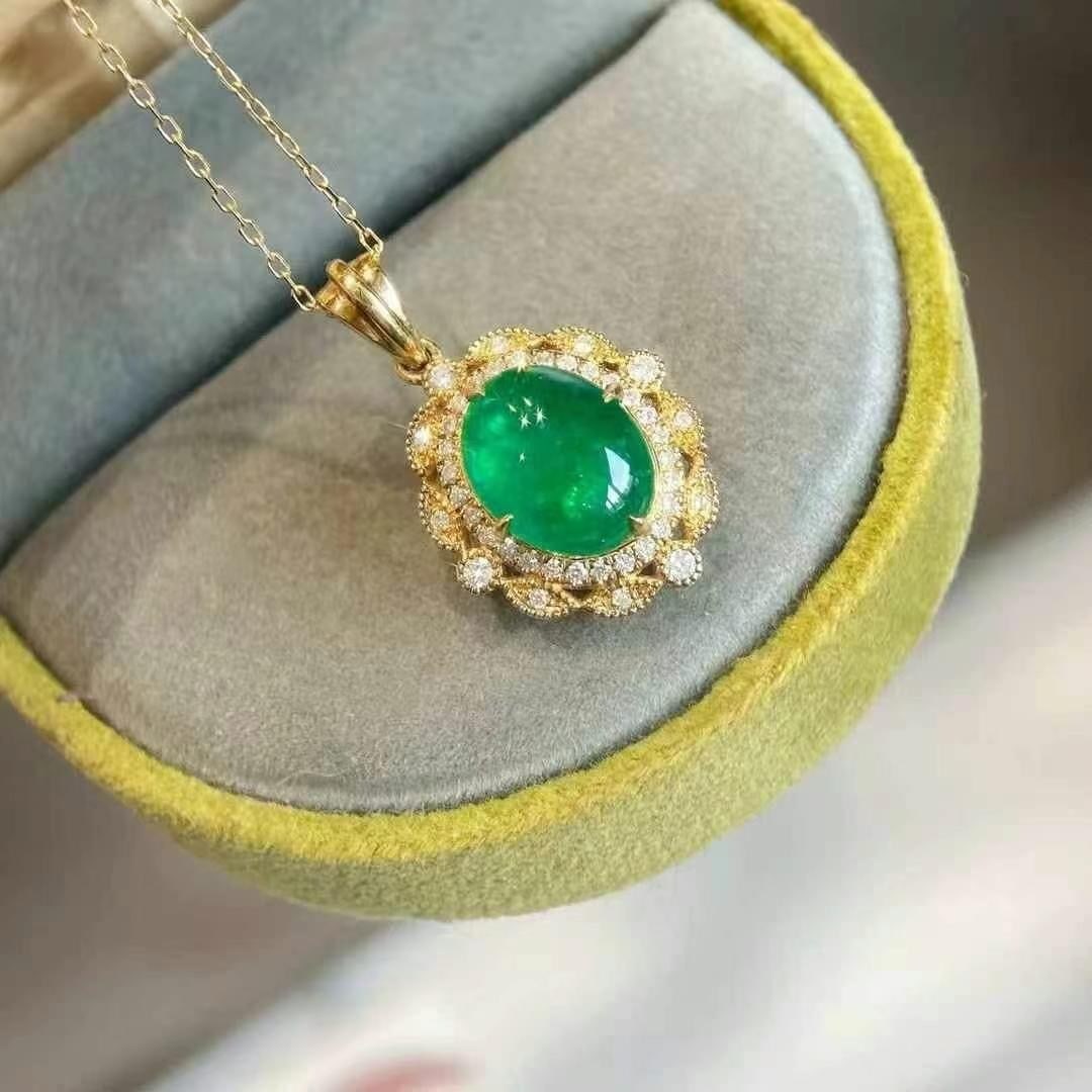 14k Gold 2.49 Ctw Vivid Green Natural Emerald & Diamond Pendant( Without Chain ) - 3