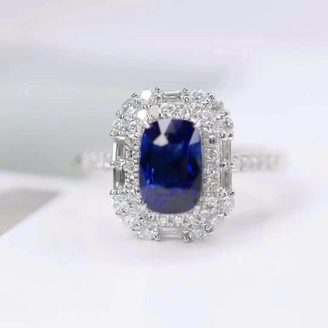 14k Gold 2.13 Ctw Natural Sapphire & Diamond Ring: Ref:230993178 // gold content:14k gold // ring size:7. 25us // // main gemstone:sapphire // shape:cushion // carat weight:1. 7ct // color:royal blue // treatment:natural // // adjacent gemstone 2 : di