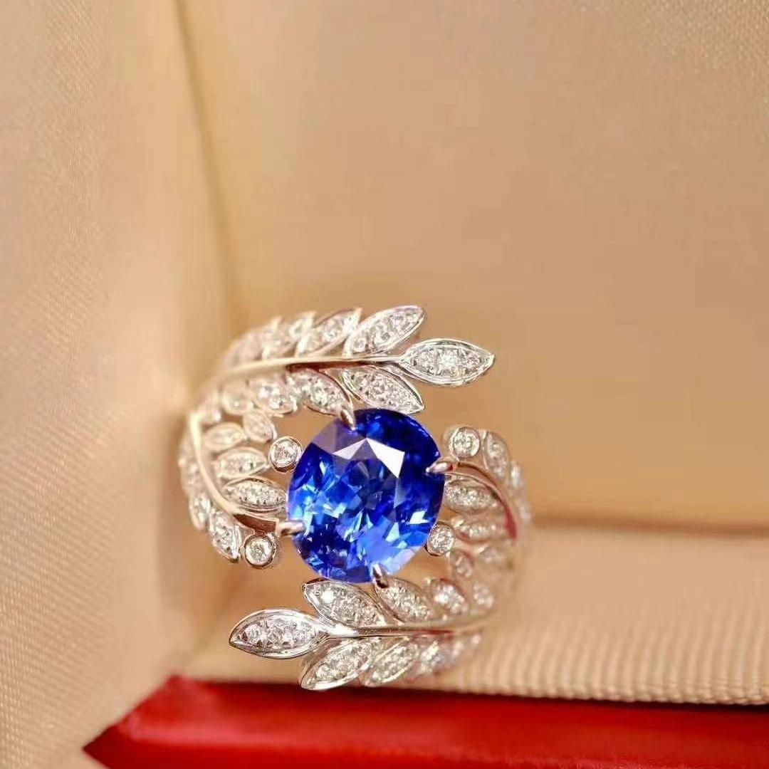 14k Gold 2.89 Ctw Vivid Blue Natural Sapphire & Diamond Ring - 7
