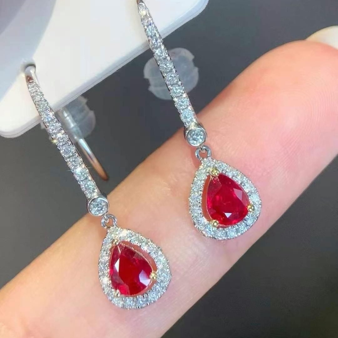 14k Gold 1.20 Ctw Vivid Red Natural Ruby & Diamond Earrings - 2