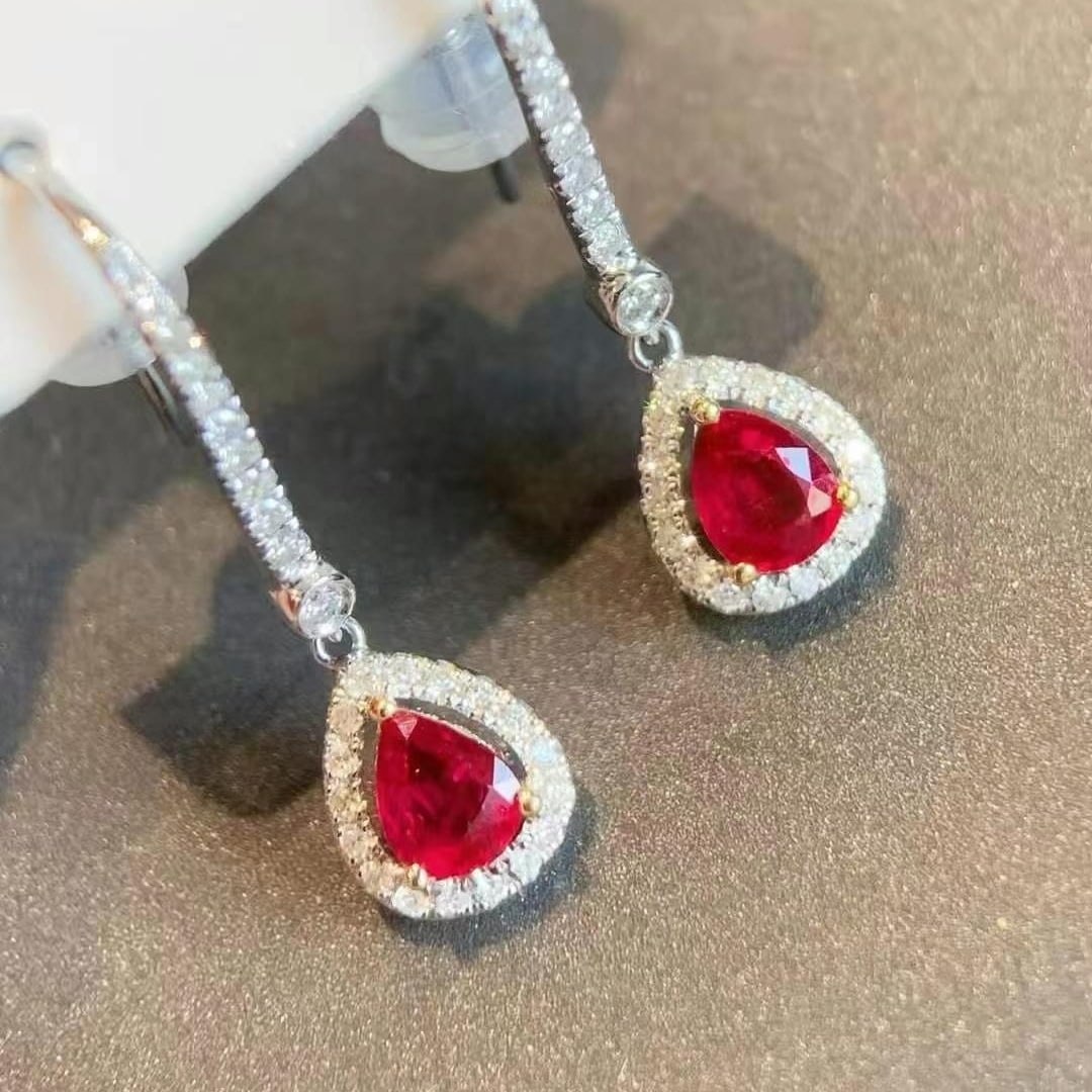 14k Gold 1.20 Ctw Vivid Red Natural Ruby & Diamond Earrings - 4