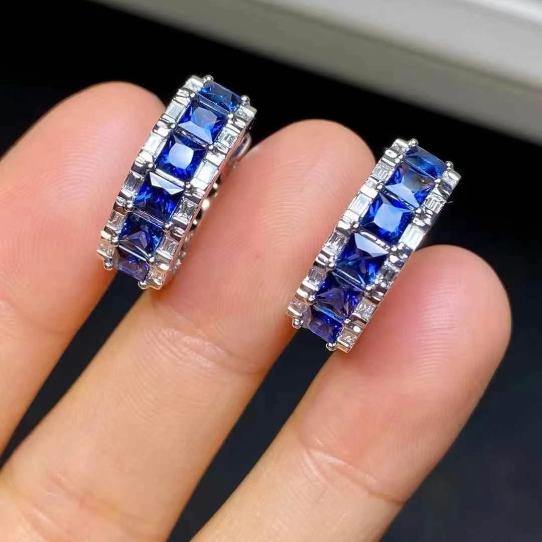 14k Gold 3.28 Ct Vivid Blue Natural Sapphire Earrings - 2