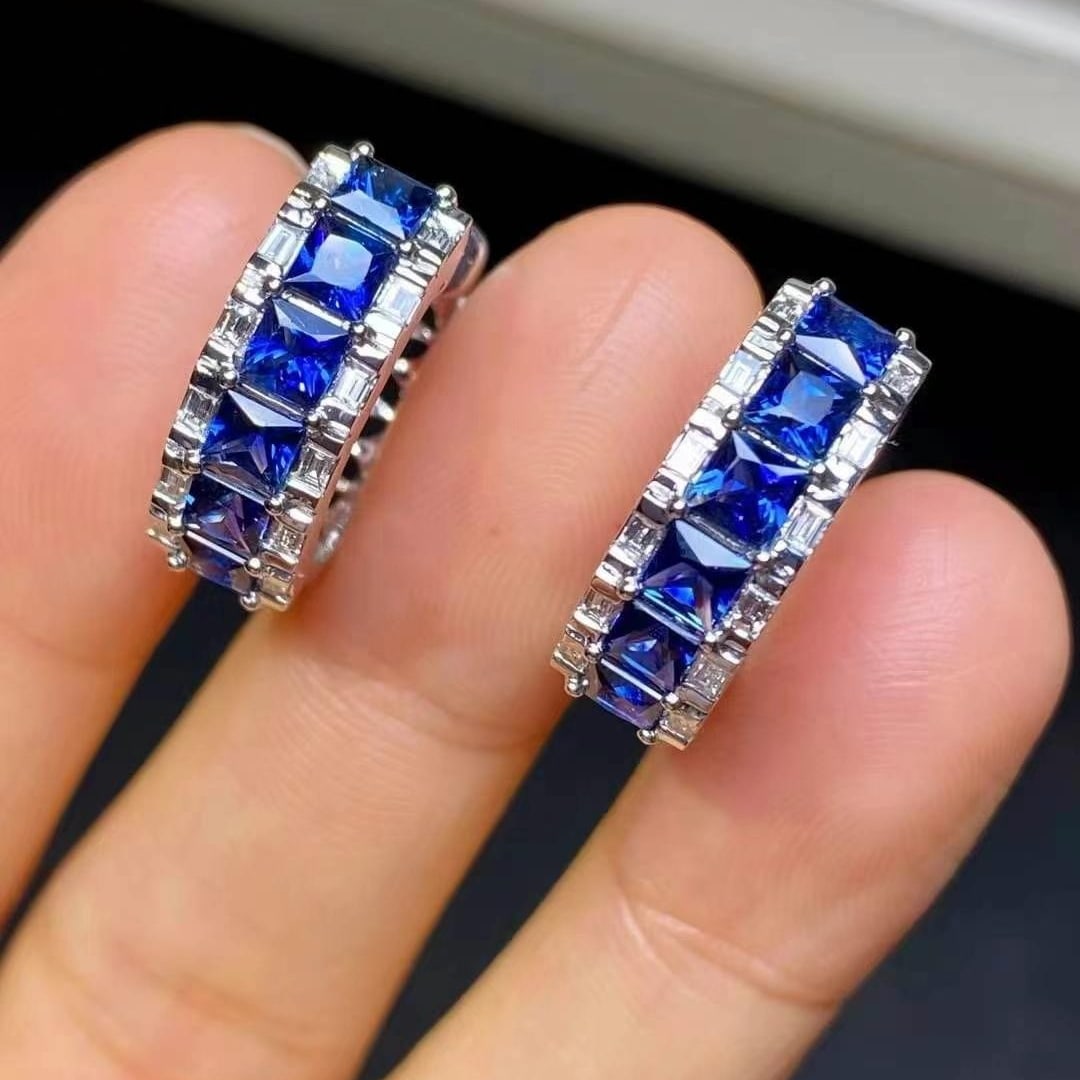 14k Gold 3.28 Ct Vivid Blue Natural Sapphire Earrings - 4