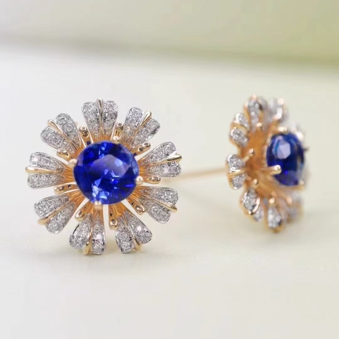 14k Gold 2.37 Ctw Natural Sapphire & Diamond Earrings - 2