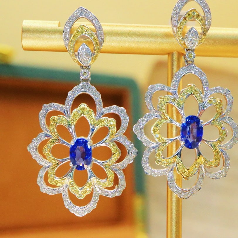 14k Gold 2.60 Ctw Natural Sapphire & Diamond Earrings - 2
