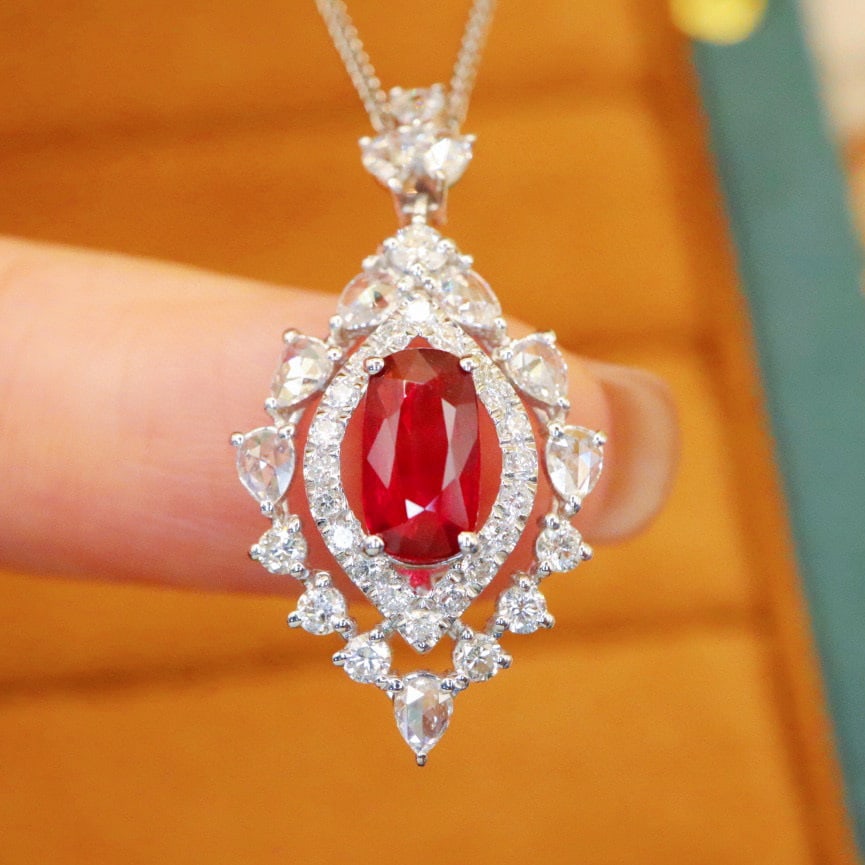 14k Gold 1.68 Ctw Natural Ruby & Diamond Pendant( Without Chain ): Ref:230993220 // gold content:14k gold // main gemstone:ruby // shape:oval // carat weight:1. 03ct // color:pigeonblood red // treatment:natural // // adjacent gemstone 2 : diamond // number of stones