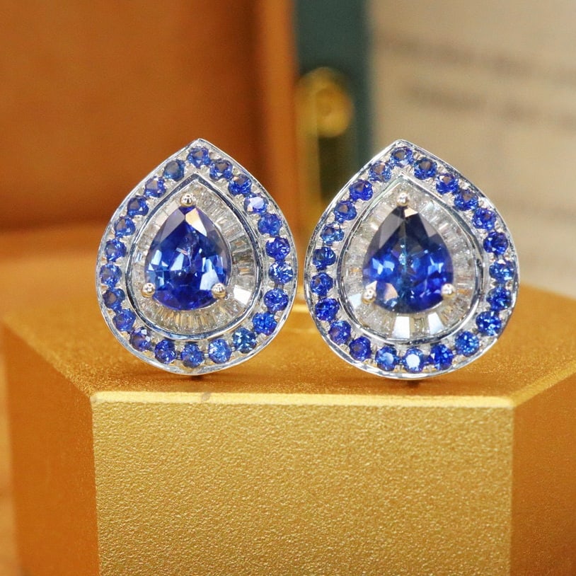 14k Gold 2.14 Ctw Natural Sapphire & Diamond Earrings - 3