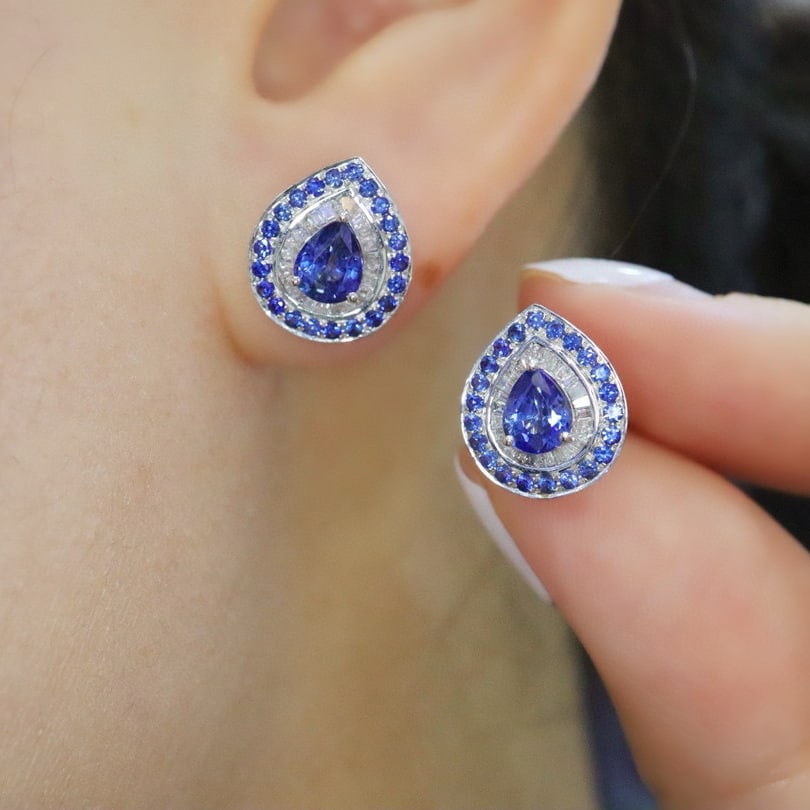 14k Gold 2.14 Ctw Natural Sapphire & Diamond Earrings - 5