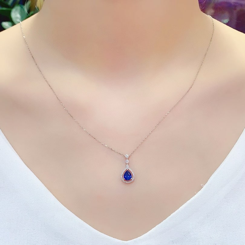 14k Gold 0.97 Ctw Vivid Blue Natural Sapphire & Diamond Necklace - 6