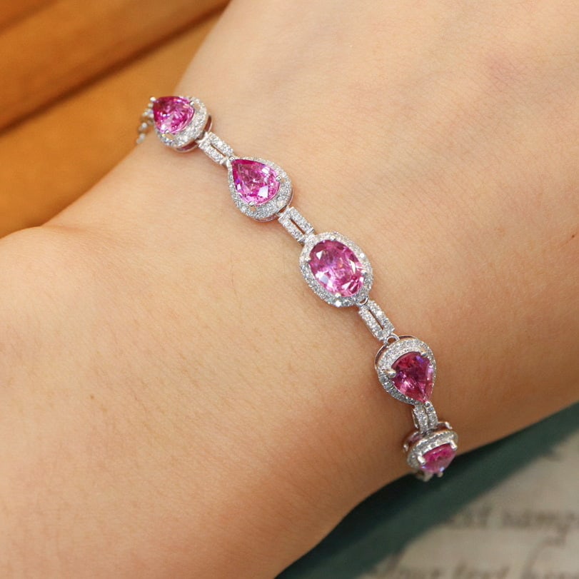 14k Gold 4.45 Ctw Natural Padparadscha Sapphire & Diamond Bracelet - 4