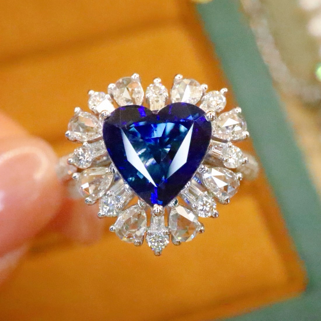 14k Gold 3.19 Ctw Natural Sapphire & Diamond Ring: Ref:230993230 // gold content:14k gold // ring size:7. 25us // // main gemstone:sapphire // shape:heart // carat weight:2. 40ct // color:royal blue // treatment:natural // // adjacent gemstone 2 : dia