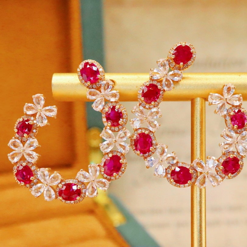 14k Gold 3.73 Ctw Natural Ruby & Diamond Earrings - 5
