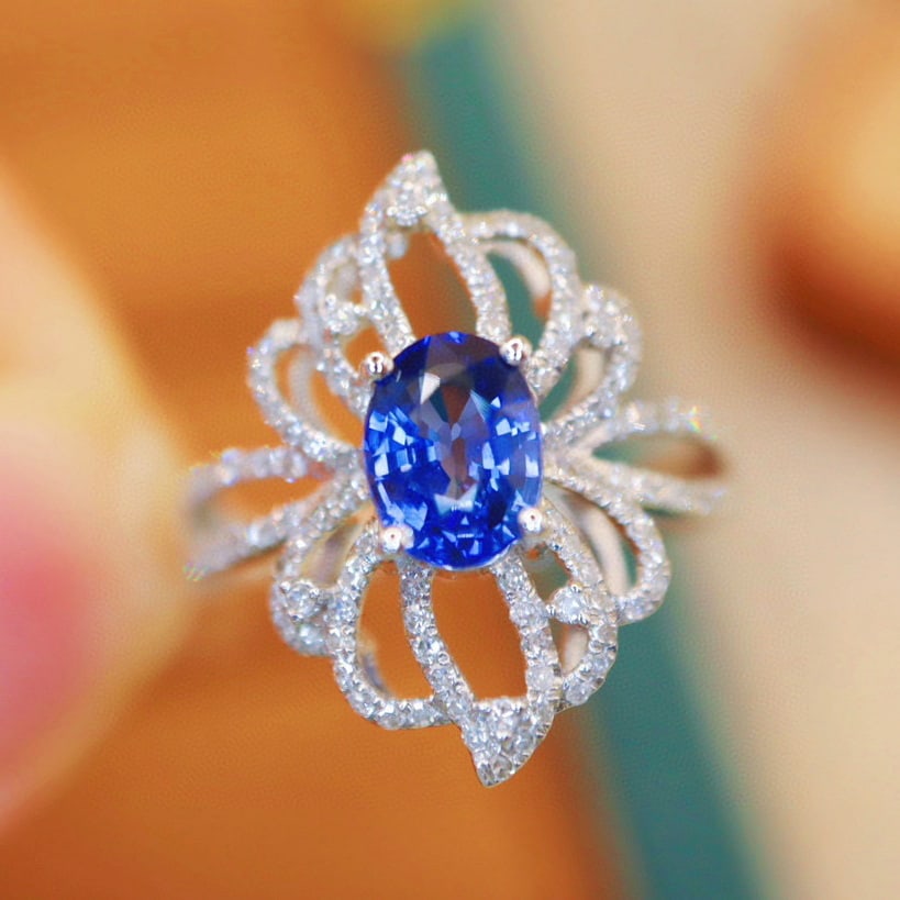 14k Gold 1.64 Ctw Natural Sapphire & Diamond Ring: Ref:230993244 // gold content:14k gold // ring size:7. 25us // // main gemstone:sapphire // shape:oval // carat weight:1. 25ct // color:cornflower blue // treatment:natural // // adjacent gemstone 2